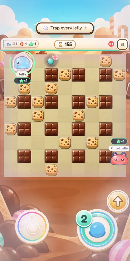 A cookie-and-chocolate board: trap every jelly with bombs
