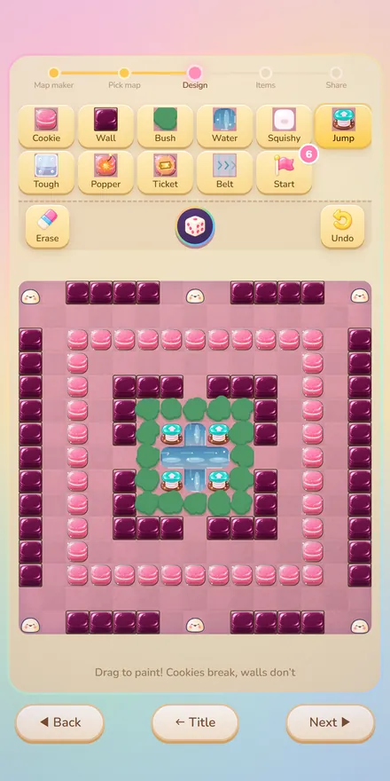 The map maker: a symmetrical six-player arena painted with cookies, walls, bushes and water