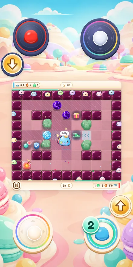 Two players on one phone: each jelly has its own joystick and bomb button, one at the top and one at the bottom