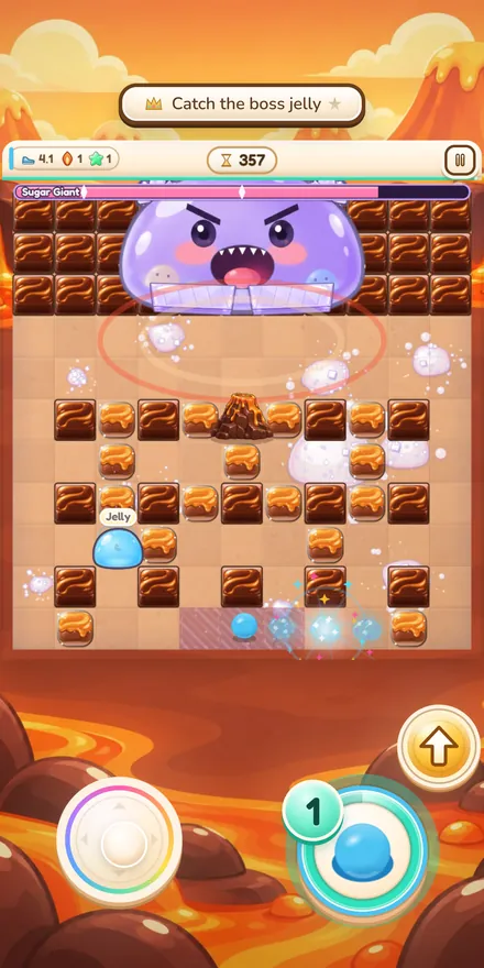 Boss stage: a giant purple boss jelly guards a chocolate board