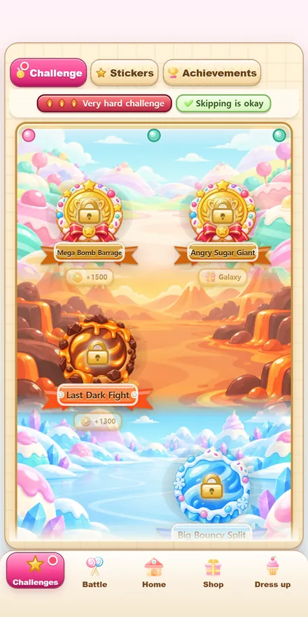 The Challenges map: every candy world has its own special stage with a twist, like Short fuses! or All mega bombs!