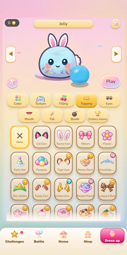 Dress-up screen: a jelly in bunny ears with rows of toppings to choose from