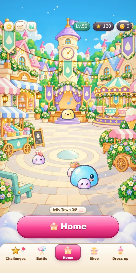 The jelly town: a candy plaza with a clock tower and jelly friends