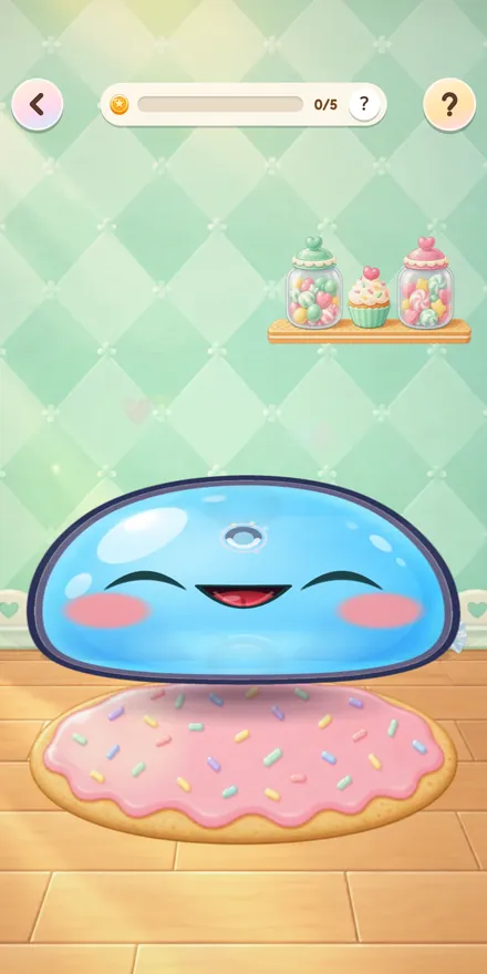 Squish screen: a giggling blue jelly on a donut cushion